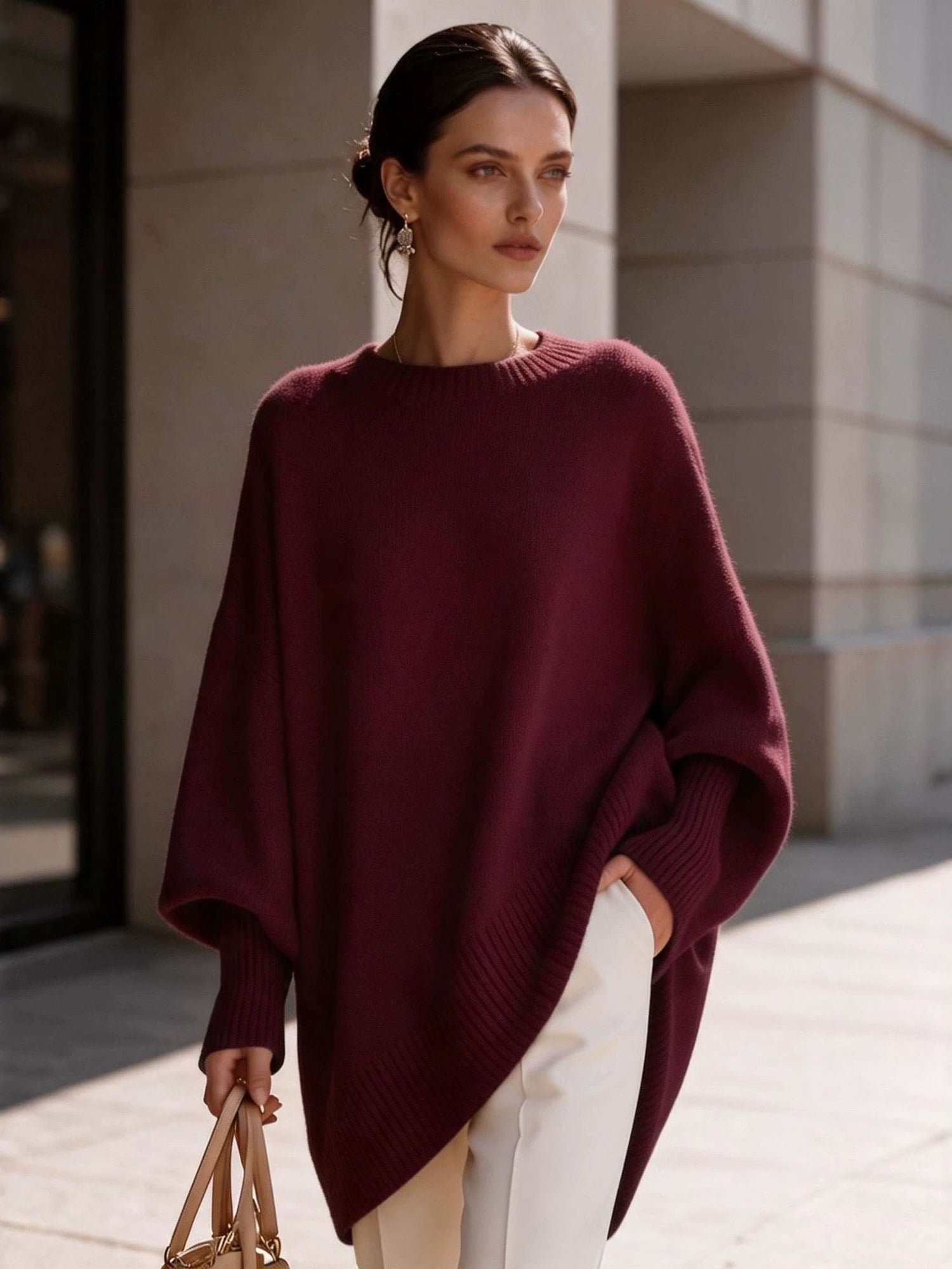 100% Polyester Oversized Batwing Sweater – Women – Burgundy – worn